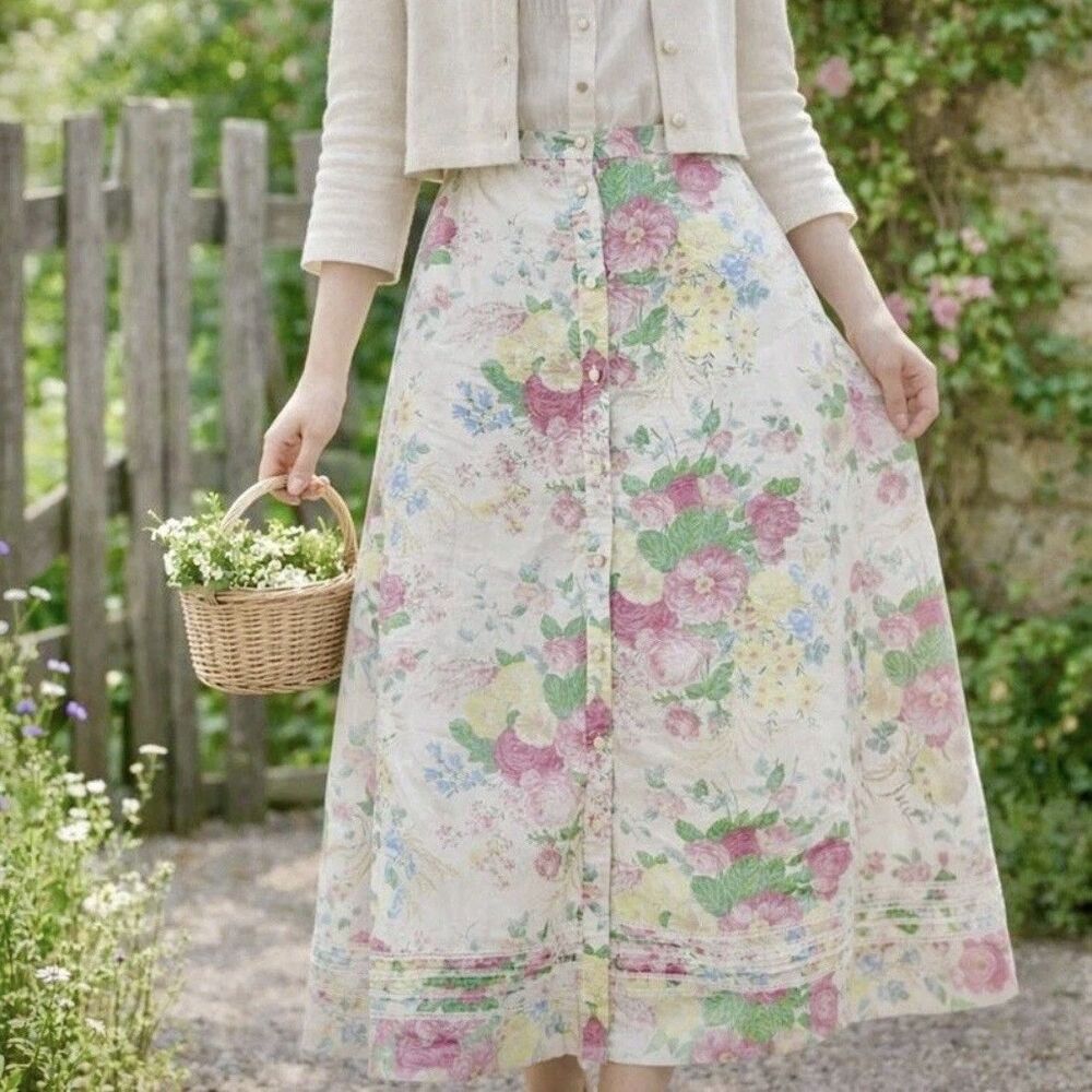 Vintage Ralph Lauren Button Front Maxi Skirt Cottagecore Rose Country Size 14